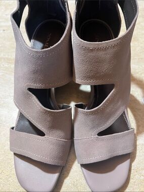 Donald Pliner Taupe Suede Cutout Wedge Sandals